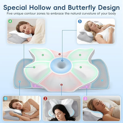 Cervical Pillow for Neck and Shoulder Support, Ergonomic Contour Pillow for Pain Relief, 2 Heights Cooling Memory Foam Orthopedic Pillow for Side Back Stomach Sleepers White Grey
