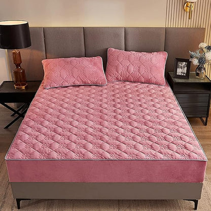 Milk Velvet Checkered Bedding Mattress Cover, Super Soft Elastic Bed Sheets with Pillowcase - Washable 12'' Deep Pocket Mattress Pad