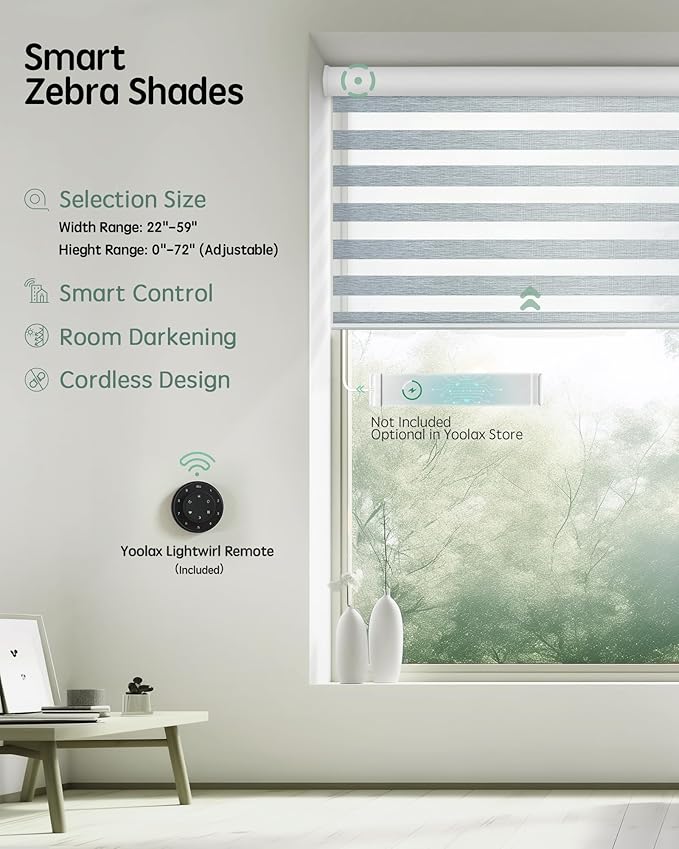 Yoolax Motorized Blinds with Remote, Electric Zebra Blinds for Indoor Windows, Room Darkening Smart Shades with Voice Control, Compatible with Alexa Google Home, APP Control, 35" W x 72" H, Grey