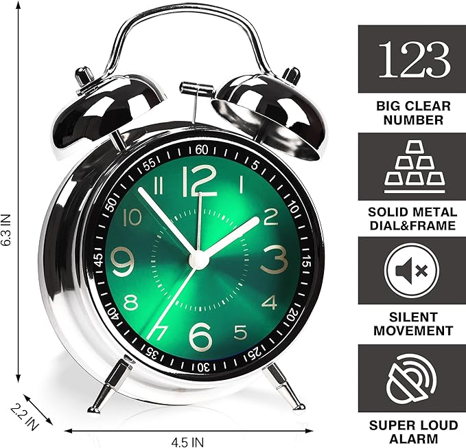 Super Loud Alarm Clock for Heavy Sleepers Adults,Twin Bell Retro 4 Inch Silent Non-Ticking Quartz with Backlight, Metal dial, Alarm Clocks for Bedrooms Bedside (Green)