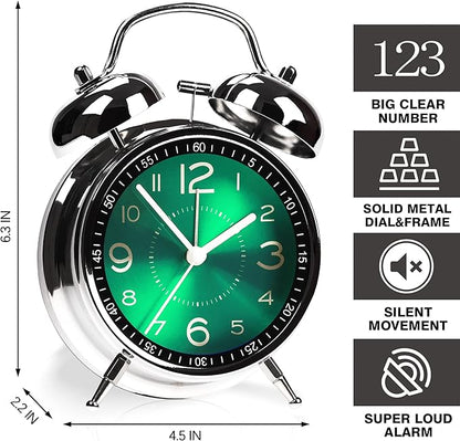 Super Loud Alarm Clock for Heavy Sleepers Adults,Twin Bell Retro 4 Inch Silent Non-Ticking Quartz with Backlight, Metal dial, Alarm Clocks for Bedrooms Bedside (Green)