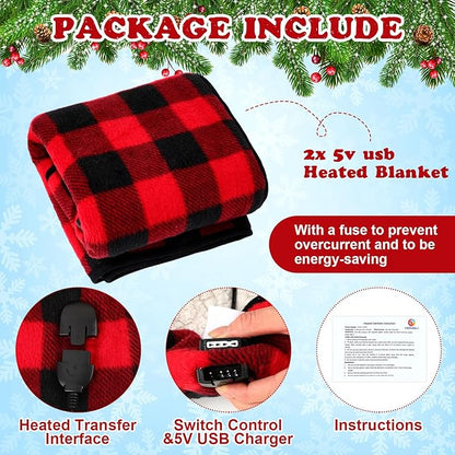 Tuanse 2 Pcs USB Heated Blanket 25"x35" Small Portable 5v 3 Setting Electric Blanket with Timer and Temperature Controller Winter Wearable Recharge Throw for Travel Home(Single Red and Black Plaid)