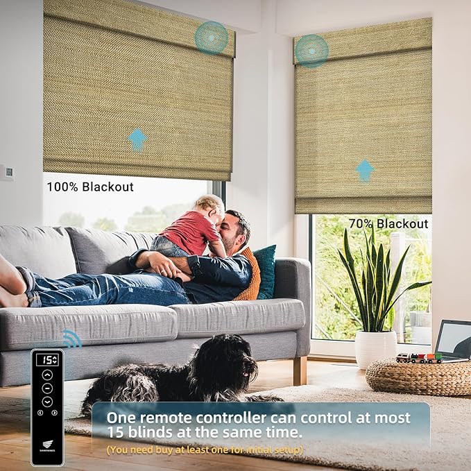 SmartWings Motorized Blinds Natural Woven Wood Shades for Windows Work with Matter Thread Homekit Z-Wave Alexa Google, Electric Auto Roman Shades Cordless Remote Control Customized, Kenaf 040