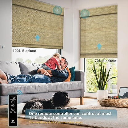 SmartWings Motorized Blinds Natural Woven Wood Shades for Windows Work with Matter Thread Homekit Z-Wave Alexa Google, Electric Auto Roman Shades Cordless Remote Control Customized, Kenaf 040