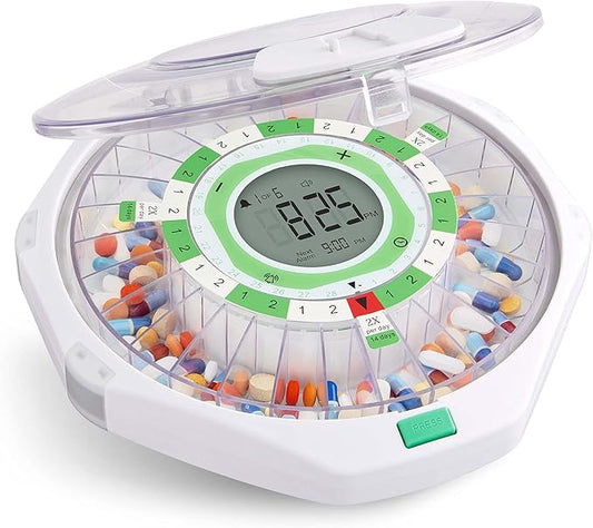Live Fine 28-Day Automatic Pill Dispenser Frosted Lid with Upgraded LCD Display and Key Lock, Sound & Light for Prescriptions, Medication, Vitamins, Supplements & More