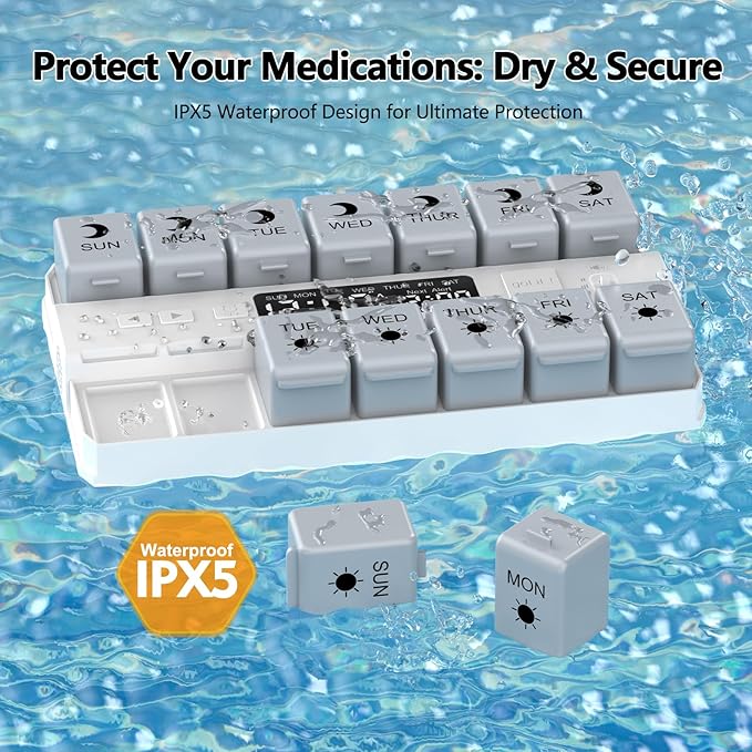 Weekly Pill Organizer with Alarms System, Removable Silicone Pill Box 7 Day 2 Time, Large Size Pill Case for Home and Travel, Secure Magnetic Base, Waterproof & Moisture Resistant (Gray)