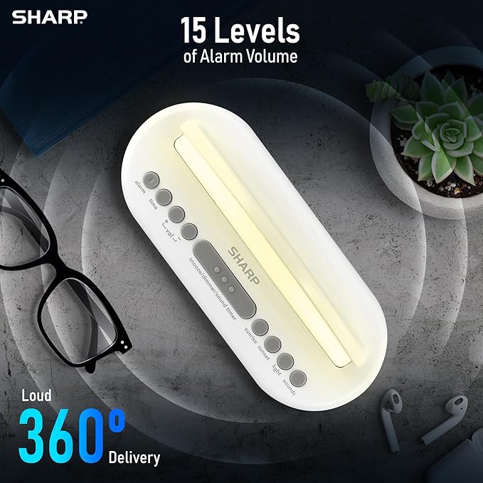 Sharp Sunrise Alarm Clock, Wake Up Gently with Sunrise/Sunset Simulation, Alarms, 5 Tranquil Sleep Aid Sounds, 8 Colors Night Light/Mood Light for Bedroom with 30/60/90 Timer