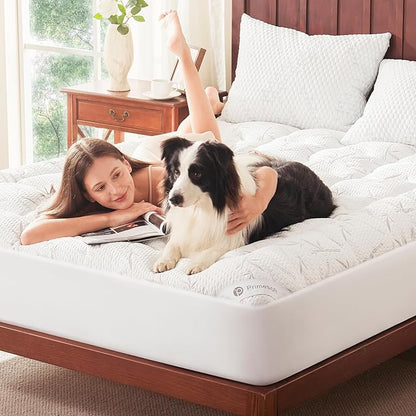 100% Waterproof Queen Size Mattress Topper, Thick Pillow Top Mattress Pad，Up to 21 Inch Deep Pocket,Soft Breathable Mattress Pad for Back Pain, Protector Cover(White)