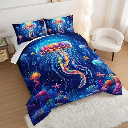 Fantasy Jellyfish Comforter Twin Bedding Sets for Girls Kids Toddlers,Coral Starfish Ocean Theme Bedroom Decor,Blue Underwater World Bedding Sets with 2 Pillowcases.