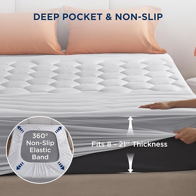 Bedsure RV King Mattress Pad - Quilted Fitted Mattress Topper Protector with 8-21 Inches Deep Pocket, Noiseless Bed Cover Padded for Camper and Motorhome, Machine Washable, White, 72x80 Inches