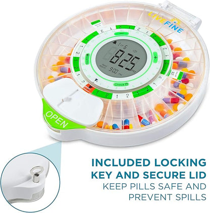 Live Fine 28-Day Automatic Pill Dispenser with Upgraded LCD Display, Key Lock, Sound & Light for Prescriptions, Medication, Vitamins, Supplements & More