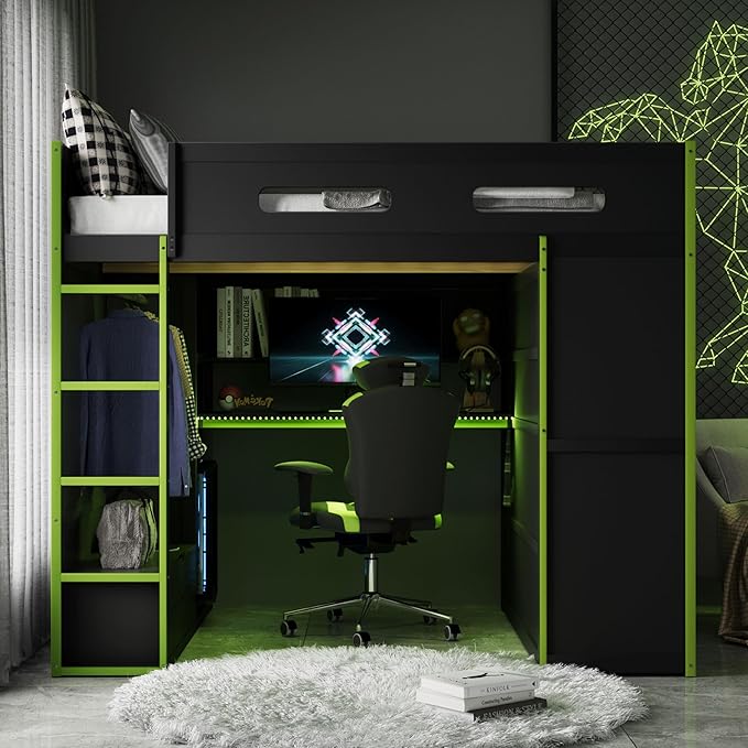 GOWE Full Size Wood Loft Bed with Desk,Wardrobe,Ample Storage Space,and RGB Light, Green(Old SKU:LT000261AAG)