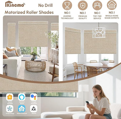 Kincmo No Drill Motorized Blinds with Remote, 100% Blackout Roller Shades for Windows, Custom Electric Blinds Compatible with Alexa, Apple Homekit, Google Home (100% Blackout Linen Caramel)