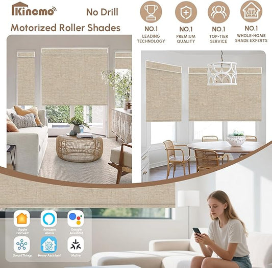 Kincmo No Drill Motorized Blinds with Remote, 100% Blackout Roller Shades for Windows, Custom Electric Blinds Compatible with Alexa, Apple Homekit, Google Home (100% Blackout Linen Caramel)