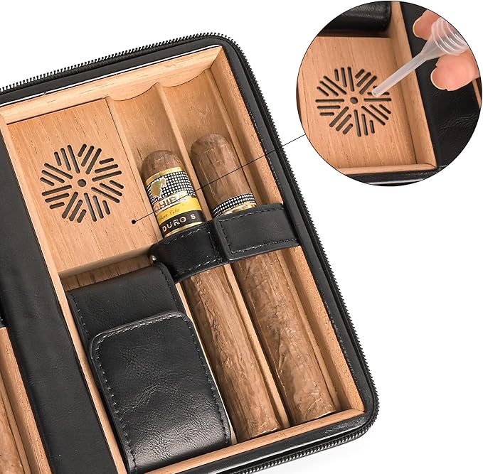 Portable Cigar Humidor Travel Case, Leather & Wood Cigar Box with Humidifier for 6 Cigars, Ideal for Travel and Desktop Storage, Compact and Durable Design (black)