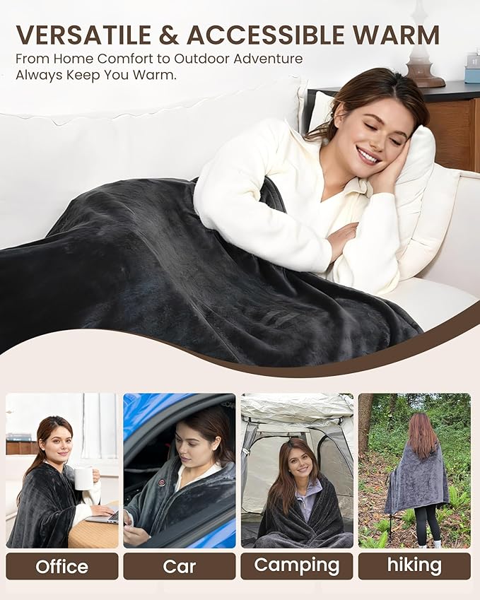 Cordless Heated Blanket with Hood, USB Battery Powered Heated Wearable Blanket with 9 Heating Zones, 20000 mAh Power Bank, 3 Levels, Portable Heated Throw Blanket, Heated Shawl (Warm Cozy Gray)
