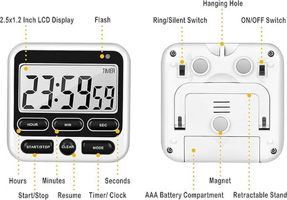 KTKUDY Digital Kitchen Timer with Mute/Loud Alarm Switch ON/Off Switch, 12-Hour Clock & Alarm, Memory Function Count Up & Count Down for Kids Teachers Cooking, Large LCD Display, Strong Magnet (Black)