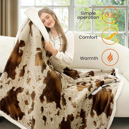 Heated Blanket Throw Blanket - Fast Heating Electric Blanket, Soft Flannel Heated Throw with 4 Time Settings,10 Heating Settings, Warm Gifts for Women & Mom&Grandma(50"x60"Cow Print Apricot)