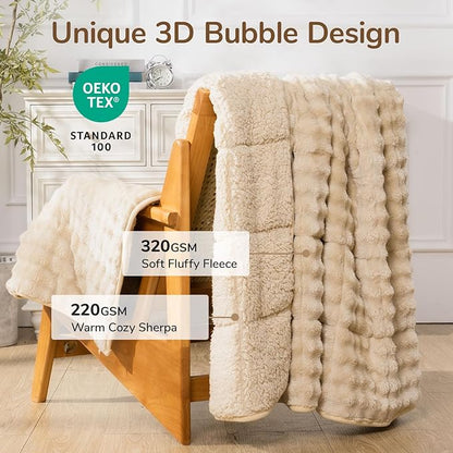 Cottonblue Weighted Blanket 20lbs Bubble Fleece Plush Sherpa Heavy Weighted Blankets for Adults, Fits Queen Size Bed, Cute Fuzzy Warm Heavy Blanket for Calm and Better Sleep, 60"x80", Beige