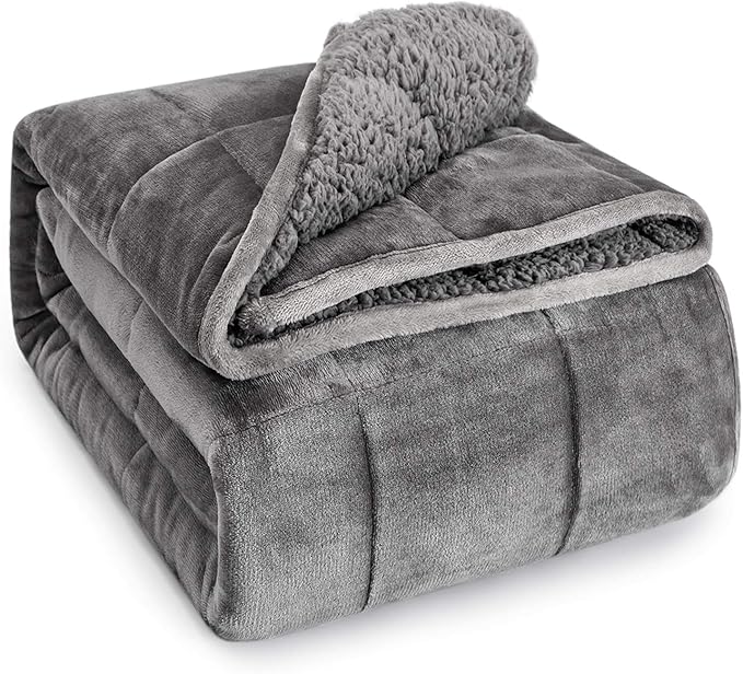 Wemore Sherpa Fleece Weighted Blanket for Adult, 20 lbs Dual Sided Cozy Fluffy Heavy Blanket, Ultra Fuzzy Throw Blanket with Soft Plush Flannel Top, 80 x 87 inches, Grey on Both Sides