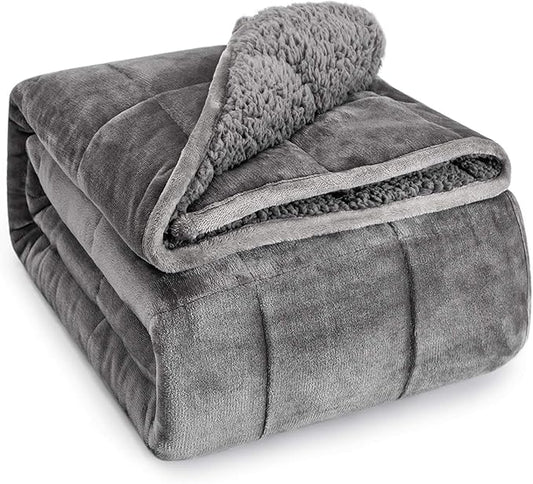 Wemore Sherpa Fleece Weighted Blanket for Adult, 20 lbs Dual Sided Cozy Fluffy Heavy Blanket, Ultra Fuzzy Throw Blanket with Soft Plush Flannel Top, 80 x 87 inches, Grey on Both Sides