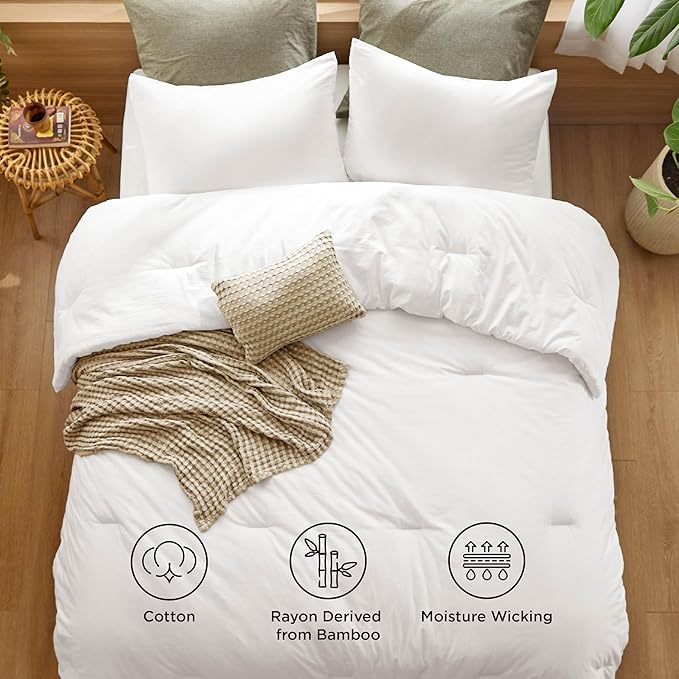 Bedsure 5 Pieces Cotton Comforter Set with Cotton Waffle Throw Blanket - White Comforter Full Size, Pillow Shams, Taupe Cooling Blanket of Rayon Derived from Bamboo for Hot Sleepers, Throw Pillow