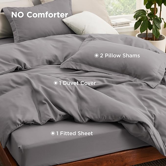 Bedsure Duvet Cover with Fitted Sheet Queen - Warm Deep Pocket, Hotel Luxury Soft Double Brushed Bedding Set with Zipper Closure, 1 Duvet Cover, 1 Fitted Sheet, 2 Pillow Shams, NO Comforter, Grey