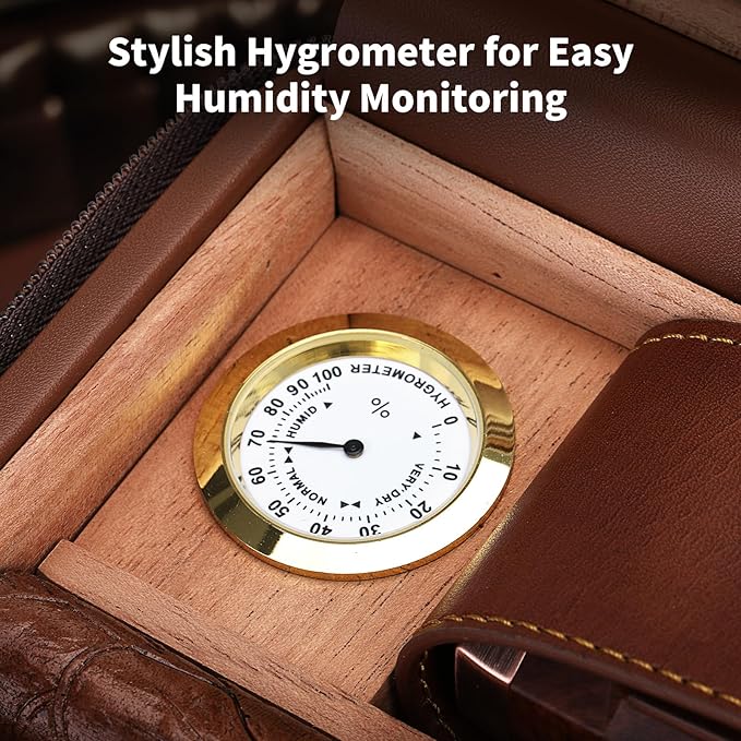 Travel Cigar Humidor Case, Cedar Wood Lined Leather Box w/ 3-in-1 Lighter-Built-in V Cutter/Holder, Humidifier, Hygrometer, Accessories Pocket, Portable 8 Cigars Storage, Gift for Men