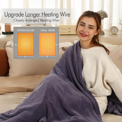 Electric Blanket Heated Throw - 72"x84" Double Sided Extremely Soft Coral Fleece Heated Blanket, Washable Heating Blanket with 1-10 Hours Adjustable Timer & 6 Heating Levels, Lavender Purple