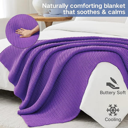 Guohaoi Knitted Weighted Blanket for Adults (Purple 60"x80" 15lbs) No Beads Cooling Throw Blanket for Hot Sleepers, Home Decor Breathable Chunky Knit Heavy Blanket Use on Queen/King Size Bed