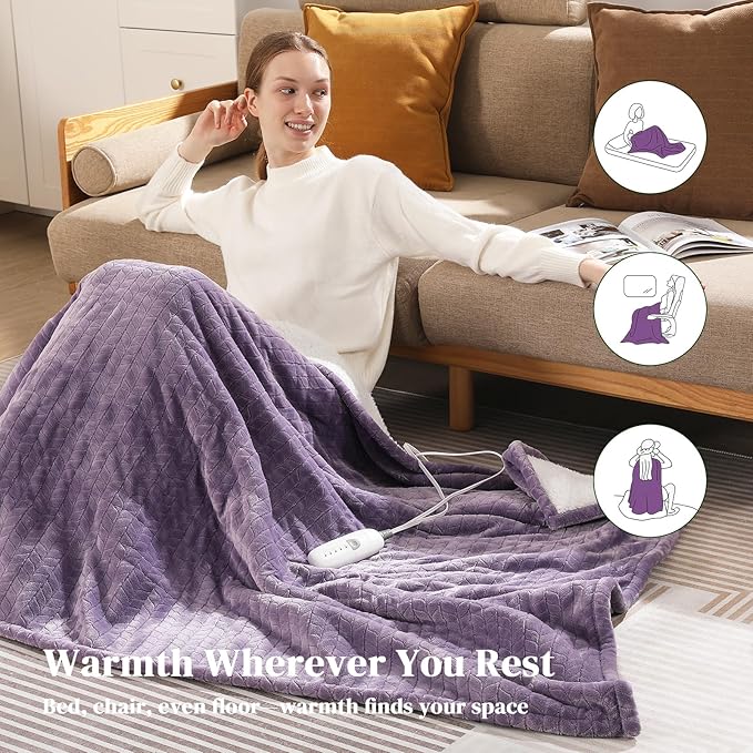 Electric Throw Blanket Heated Throw 50''x60''- Wheat Pattern Flannel & Sherpa Heated Lap Blanket with 5 Heat Settings & 4-Hour Auto Shut-Off, ETL & FCC Certified, Machine Washable Home Use, Lavender