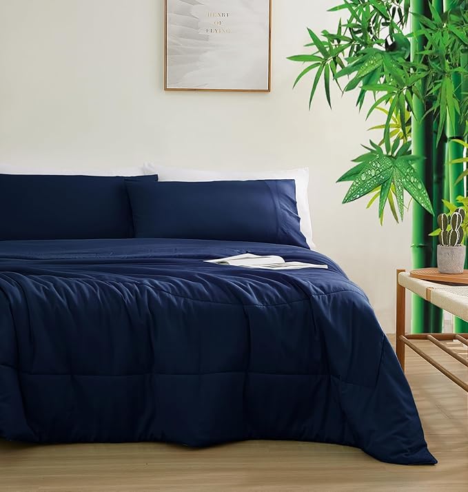 Zaizaihome Natural Bamboo Viscose Comforter Set Twin Size 2 Pieces, All-Season Soft Breathable Moisture-Wicking Quilt with Matching Pillowcase, Machine Washable, Quilted Fluffy Comforter (Navy Blue)