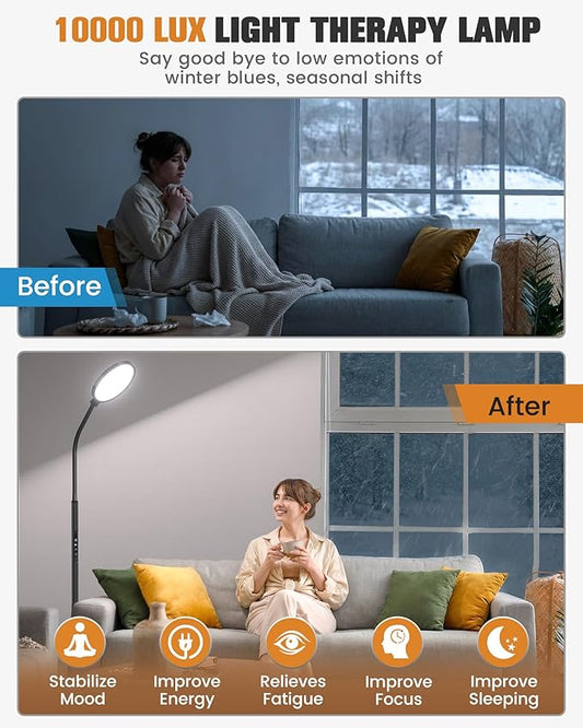 10000 Lux Light Therapy Lamp, Sunlight Therapy Lamps with 3 Color Temperatures &Dimmable &Timer, Full Spectrum &UV-Free Happy Lamp Light Therapy with Remote, Daylight Lamps for Home(Black, Floor Lamp)