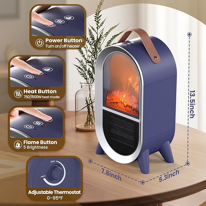Portable Electric Fireplace Heater, 1500W/750W Mini Space Heater for Indoor Use with 3D Flame, Thermostat, Carry Handle, Overheat & Tipover Protection, for Home Office Bedroom Desk, Blue