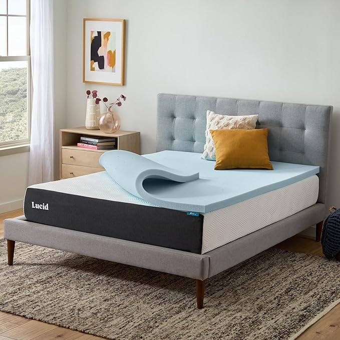 Lucid 2 Inch Memory Foam Mattress Topper, King Size – Cooling Gel Bed Topper – Pressure-Relieving Plush Feel – Ventilated Breathable Design – CertiPur Certified - Dorm Room Essentials