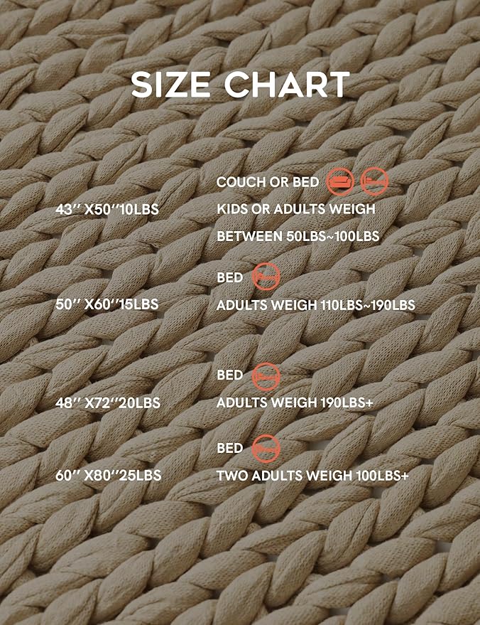 YnM Cotton Weighted Blanket, Handmade Chunky Knitted Design, Soft and Cozy, Temperature Regulating and Breathable, Machine Washable Throw for Sleep or Home Decor (Beige, 50x60 Inch, 15lbs)