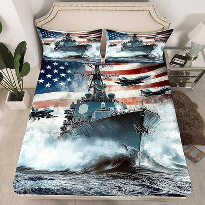 Warship Kids Fitted Sheet Queen Size,Warplane Aviation Aircraft Combat Ship in The Sea Bedding Set,Boys Men Room Decor,Tie-dye Ink American Flag Bed Cover,Grey Bed Sheet,2 Pillowcases(No Top Sheet)