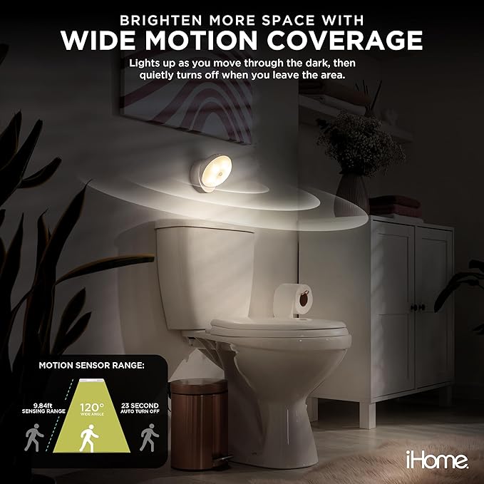 iHome 360° Rotating Motion Sensor Puck Light, Auto Mode & Always On Mode, Magnetic Detachable Base, Warm 4000K Glow, Batteries Included, Versatile Mounting, Perfect for Home Decor