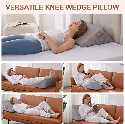 Knee Wedge Pillow, Memory Foam Leg Pillow Bed Wedge for Sleeping, Post Surgery Triangle Pillow Wedge for Knee Support, Leg Elevation, Knees Hip Back Pain Relief (23.6" x 26" x 10", Extra Large, Grey)