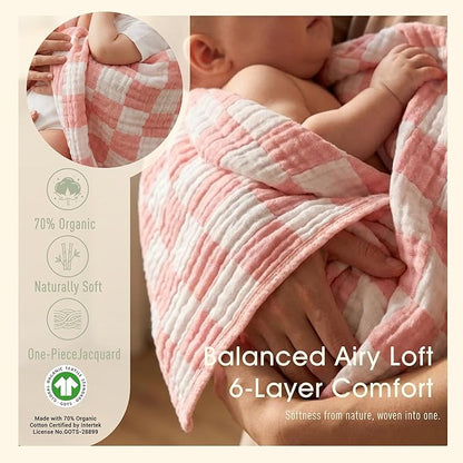 Ultra-Soft Muslin Baby Blanket - Swaddle & Crib for Girls, Pink Checkered (1-Pack)