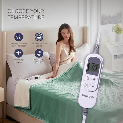 Electric Blanket Throw 50"x60" Heated Electric Blankets 10 Heating Levels 12 Time Settings 3 Hours Auto Off Fast Heating and Overheat Protection ETL Certified Machine Washable,Green