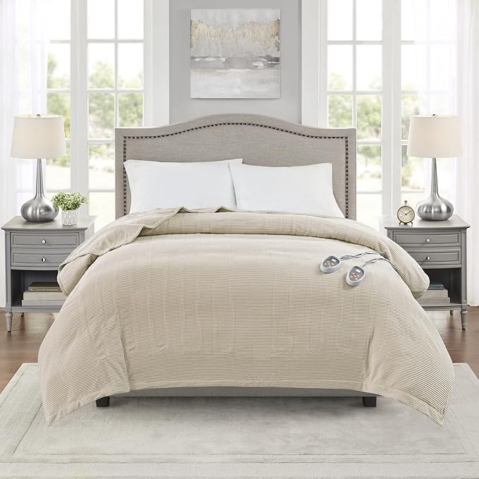 Beautyrest Electric Blanket Luxurious Micro Fleece Ultra Soft Ribbed Textured, Cozy and Snuggly Cover for Cold Weather, Fast Heating, Auto Shut Off, 20 Level Heat Setting Controller, Full, Beige