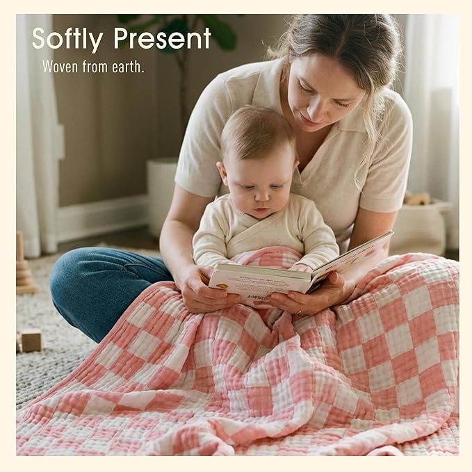 Ultra-Soft Muslin Baby Blanket - Swaddle & Crib for Girls, Pink Checkered (1-Pack)