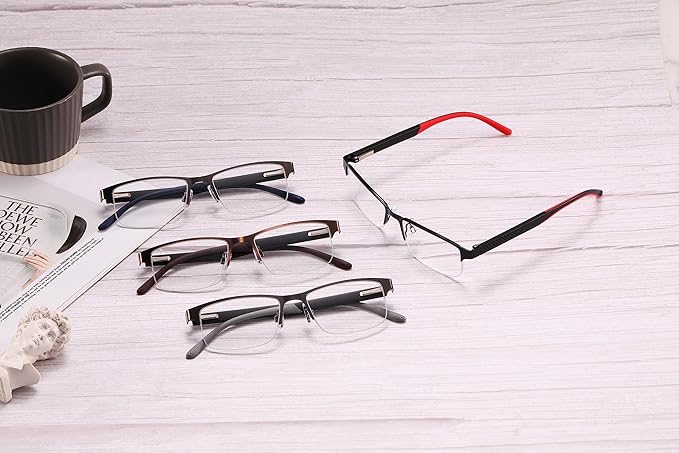 4 Pack Reading Glasses for Men, Blue Light Blocking Computer Readers, Anti UV Ray/Eye Strain/Glare, Metal Frame Eyeglasses with Pouches(250 Magnification Strength)