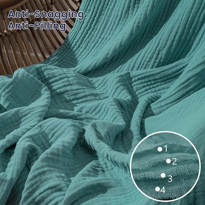 PHF Cooling Muslin Twin Blanket for Hot Sleepers, 60% Viscose from Bamboo, 40% Cotton and 4-Layer Breathable Gauze Blanket for Bed Couch, 66"x90", Teal Blue