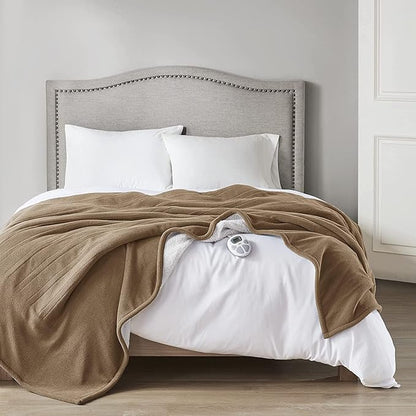 Serta Reversible Fleece to Sherpa Electric Blanket, Fast Heating, Auto Shut Off Timer, Multi Heat Setting, ETL Certified, Machine Washable, Stone Brown Full 84"x 77"