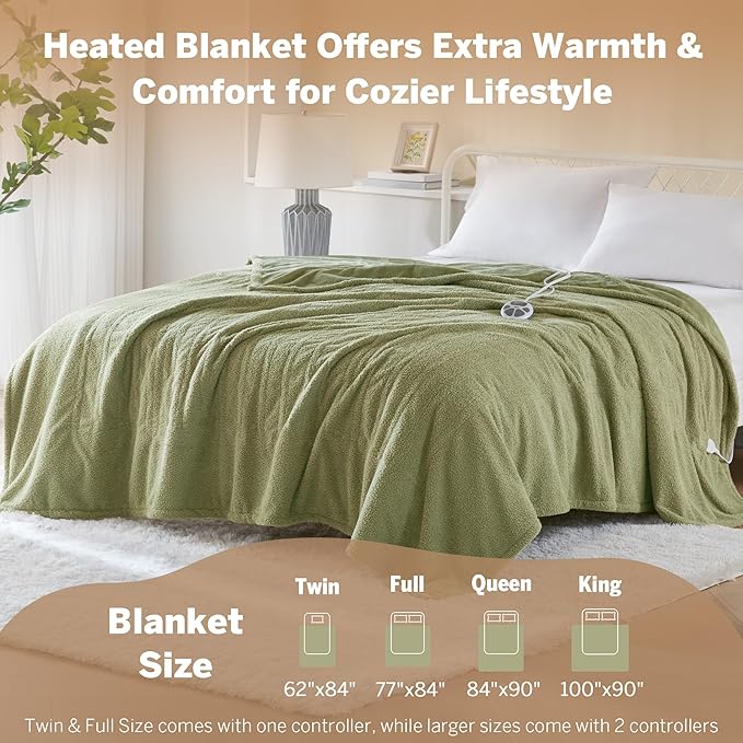 Serta Heated Blanket, Electric Twin Size, Soft, Warm, Fuzzy - Auto Shut Off Timer, 10 Lv Heat Setting, ETL Certified, 62" x 84" Sage