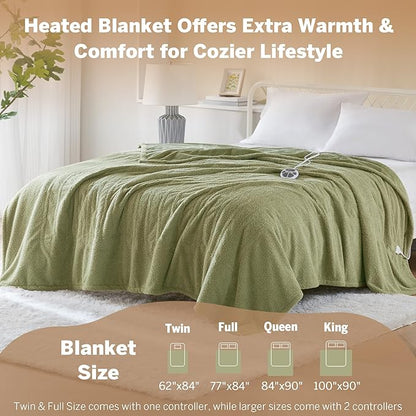 Serta Heated Blanket, Electric Twin Size, Soft, Warm, Fuzzy - Auto Shut Off Timer, 10 Lv Heat Setting, ETL Certified, 62" x 84" Sage