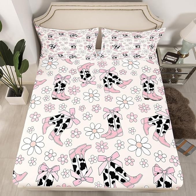 Cowgirl Boots Full Size Fitted Sheet,Daisy Flowers 70s Retro Groovy Cartoon 3 Pieces Kids Teenager Room Decor Princess Pink Bowknots Rustic Cowhide Pocket 2 Pillowcases