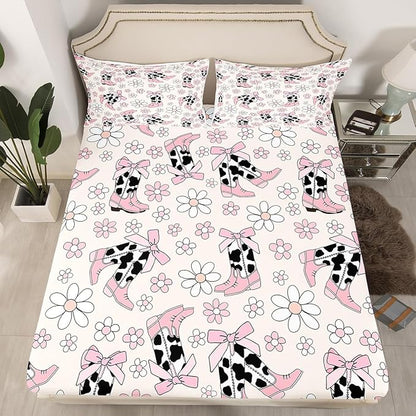 Cowgirl Boots Fitted Sheet,Daisy Flowers 70s Retro Groovy Cartoon Soft Decorative Fabric Bedding Princess Pink Bowknots Rustic Cowhide Pocket Twin Size with 1 Pillowcase